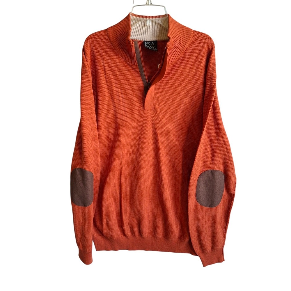NWT Jos A Bank Sweater XL Mens Rust Orange 1/4 Zip Cotton Elbow Patches